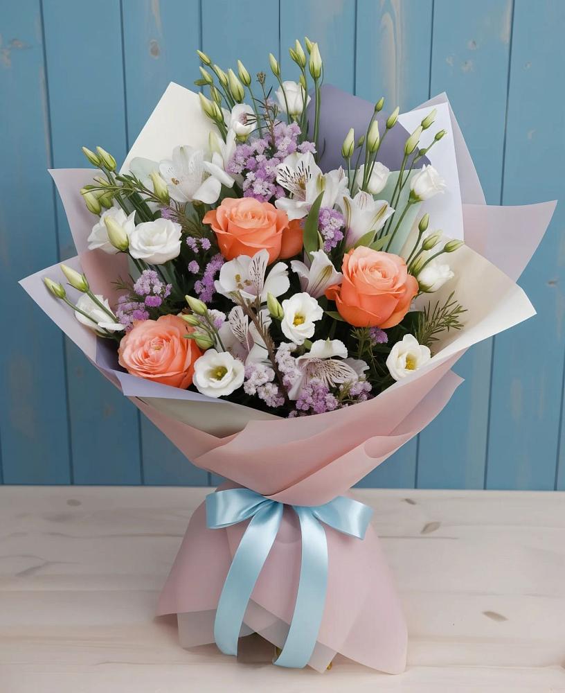 Букет цветов из: Лизиантусы, Розы, Альстромерии и Гипсофила в Большое Грызлово