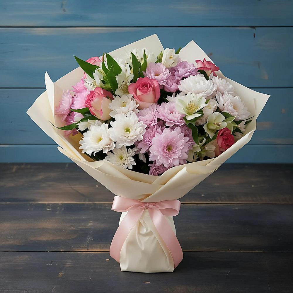 Букет цветов из: Хризантемы, Альстромерии и Розы в Большое Грызлово